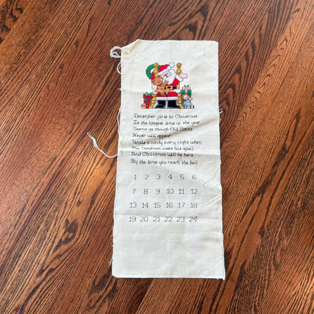 Vintage Handmade Cross Stitch Christmas Advent Calendar Santa Poem Aida Cloth